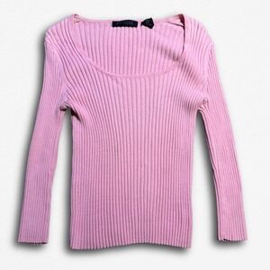 VTG Express World Brand Pink Ribbed Knit Scoop Neck 100% Cotton Sweater Large